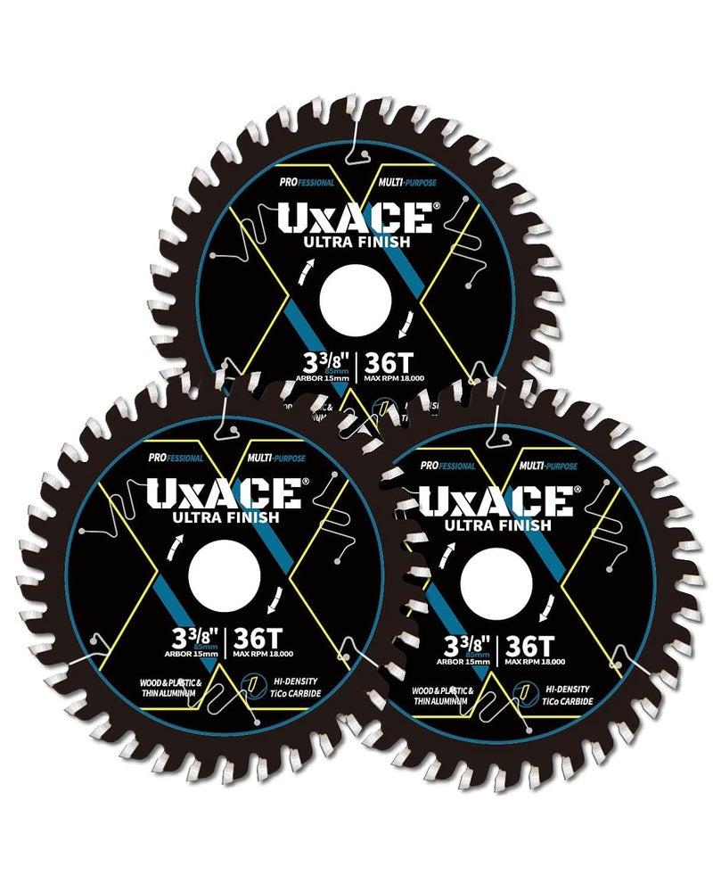 UXACE 3-3/8-Inch 36-Tooth Circular Saw Blade, 15 mm Arbor, Ultra Finish General Purpose Cutting, Carbide Tip, Thin Kerf, for Plywood, MDF, OSB, Laminated, Plastic, Thin Aluminum, 3 Pack - Image 1